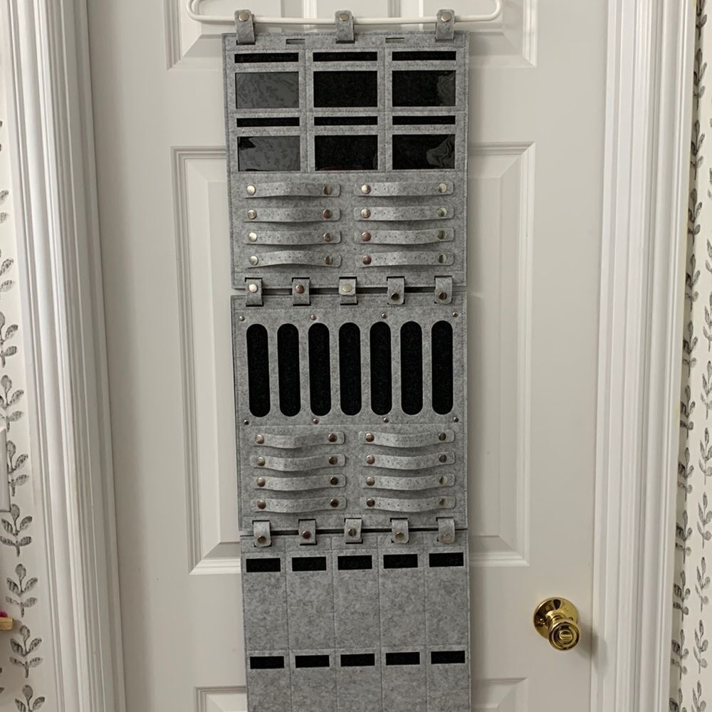 Jewelry/headband door/wall organizer. Gray felt 56" (without hanger) X 13"